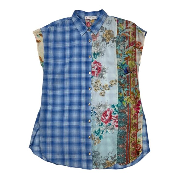 Johnny Was 3J Workshop Blouse S Blue Plaid Floral Silk Blend - Picture 13 of 13